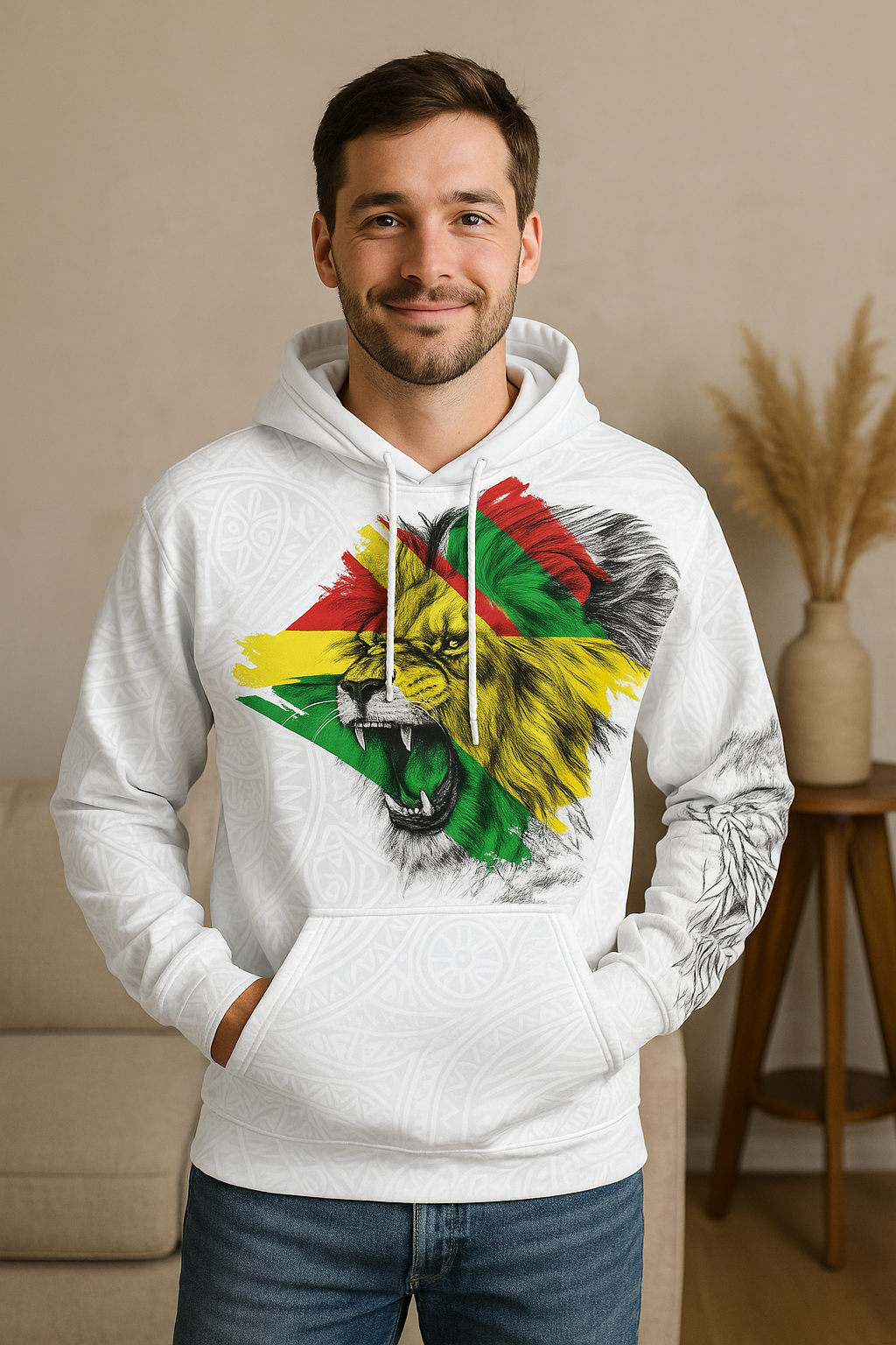 Hoodie lion tribal unisexe – Style Rasta | Confort et puissance